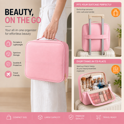 Travel Makeup Organizer Bag with Mirror(Pink)
