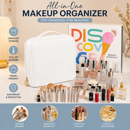Travel Makeup Organizer Bag with Mirror(White)