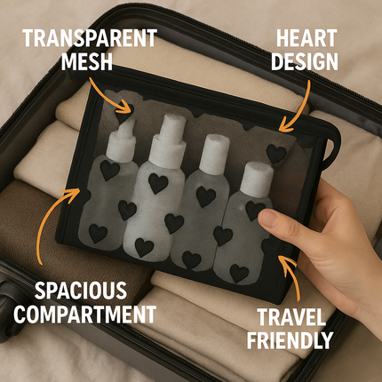 Mesh Cosmetic Pouch with Heart Design (Black)