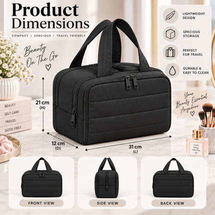 Premium Quilted 2-Side Opening Makeup & Travel Organizer Bag(Black)