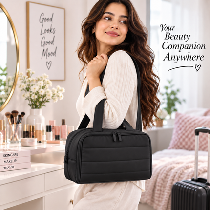 Premium Quilted 2-Side Opening Makeup & Travel Organizer Bag(Black)