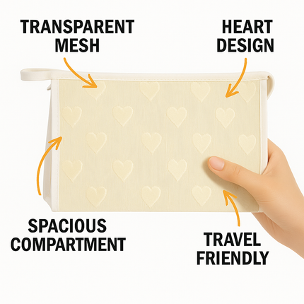 Mesh Cosmetic Pouch with Heart Design(white)