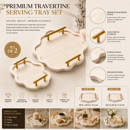 Stone Serving Tray Set of 2 with Gold Handles