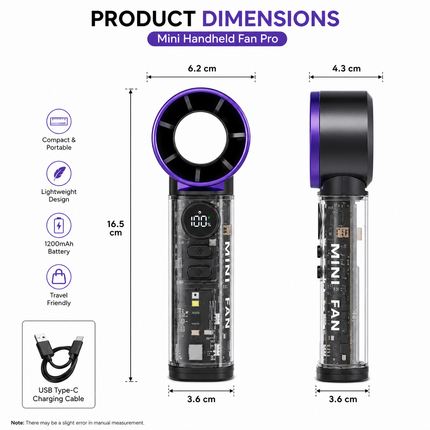 Portable Bladeless Mini Fan with Digital Display, USB Rechargeable