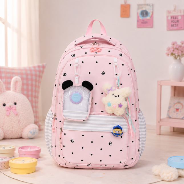 Coslifestore Cute Polka Dot Backpack School Bag with charms, badges and a coin pouch (Pink)