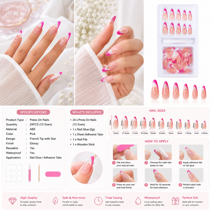 Ready to use Acrylic gel nails- Pink and White French(P009-02)