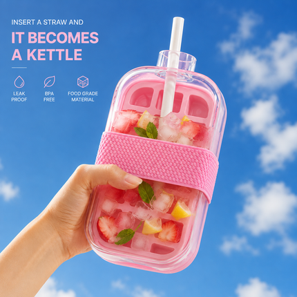 2-in-1 Ice Cube Tray Bottle with Straw, Pink