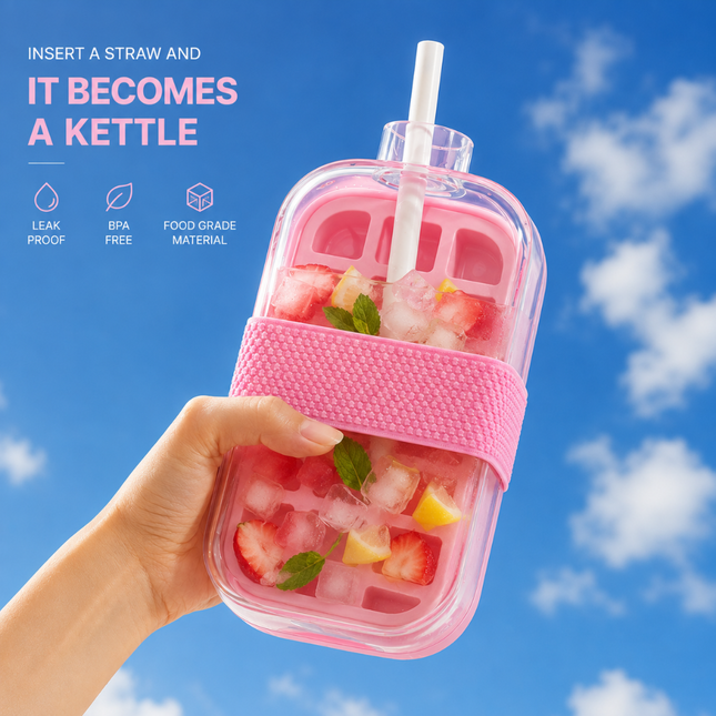2-in-1 Ice Cube Tray Bottle with Straw, Pink