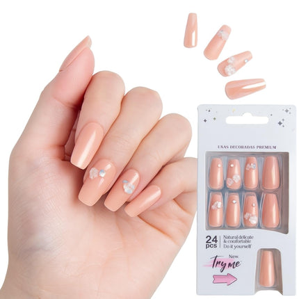 24 Reusable Artificial Fake Nail Set Glossy Nails-(PEACH WITH ROSES-P6)