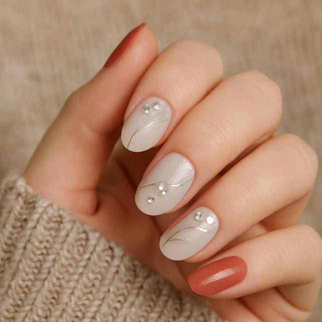 Pack of 24 Almond shape Press On Nails(Peach, Nude floral design with stones) (B6)
