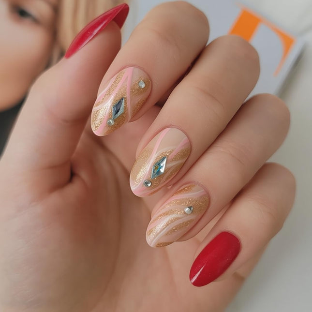 Pack of 24 Almond shape Press On Nails(Rose Pink, Nude floral design with stones) (B4)