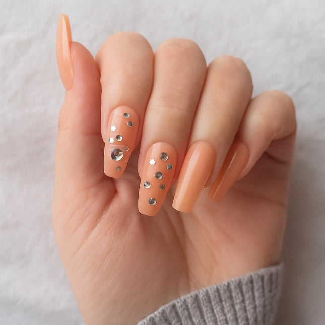 24 Reusable Glossy Nails set(PEACH WITH STONES) PS-1 (P5)