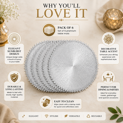 Table Mats Pack of 6 for Dining & Home Decor (Silver)
