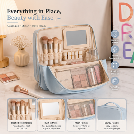 Travel Makeup Organizer Bag with Mirror(Sky blue)