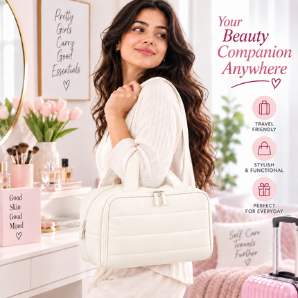 Premium Quilted 2-Side Opening Makeup & Travel Organizer Bag(Off white)