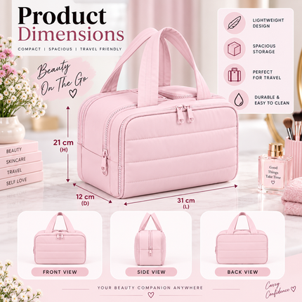 Premium Quilted 2-Side Opening Makeup & Travel Organizer Bag(Pink)