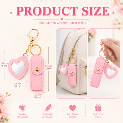 Pink Lipstick Holder Keychain with Heart Mirror Charm