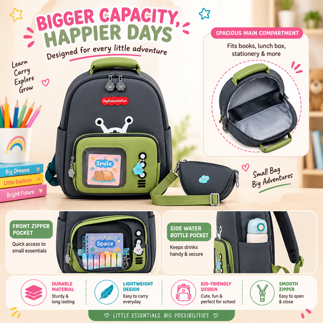 Kids School Backpack with Matching Sling Bag(Grey)