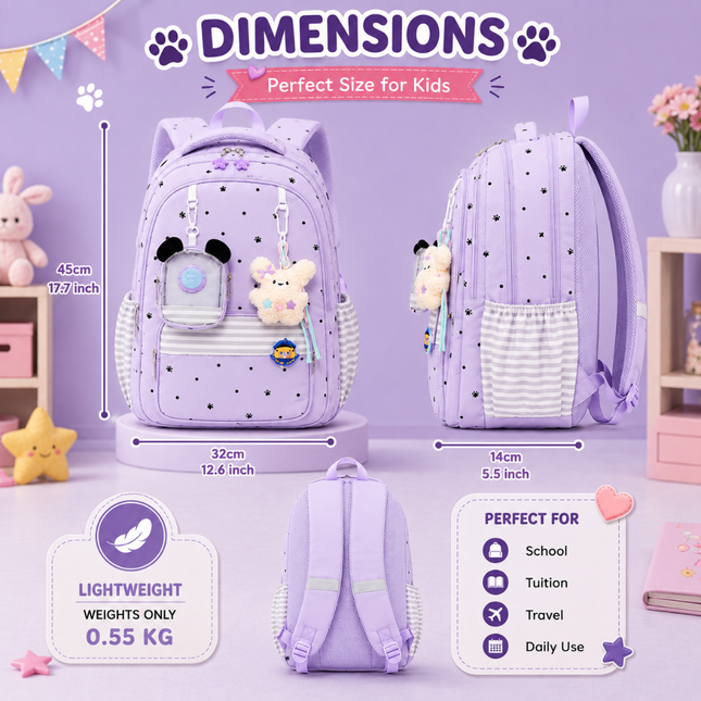 Coslifestore Cute Polka Dot Backpack School Bag with charms, badges and a coin pouch (Lavender)