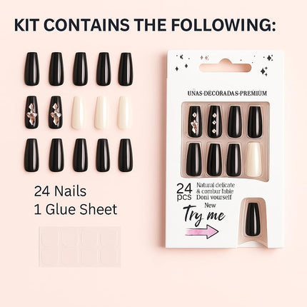 24 Reusable Glossy Nails set-(BLACK & WHITE WITH STONES-P1)