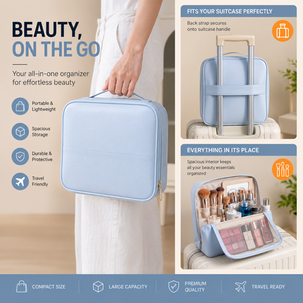 Travel Makeup Organizer Bag with Mirror(Sky blue)