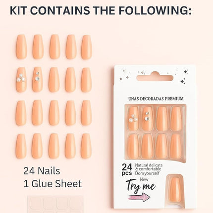 24 Reusable Artificial Fake Nail Set Glossy Nails-(PEACH WITH ROSES-P6)