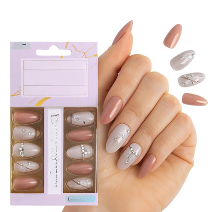 Pack of 24 Almond shape Press On Nails(Rose Pink with Peach, nudes and stones) (B2)