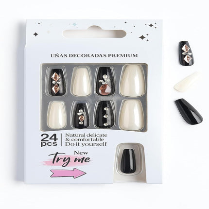 24 Reusable Glossy Nails set-(BLACK & WHITE WITH STONES-P1)
