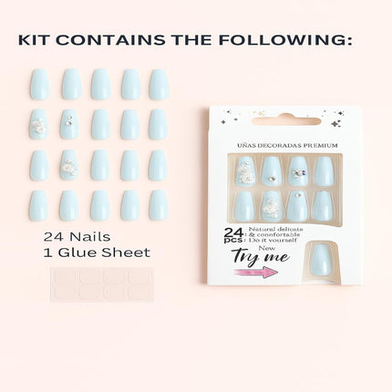 24 Reusable Glossy Nails set(SKY BLUE WITH ROSES) SBR-1 (P2)