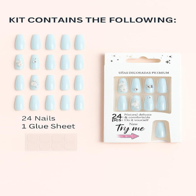 24 Reusable Glossy Nails set(SKY BLUE WITH ROSES) SBR-1 (P2)