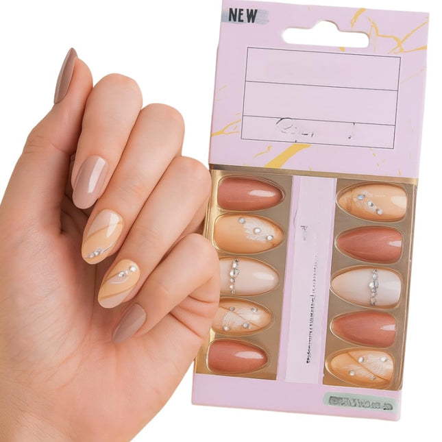 Pack of 24 Almond shape Press On Nails(Cream and Nude with stones) (B1)