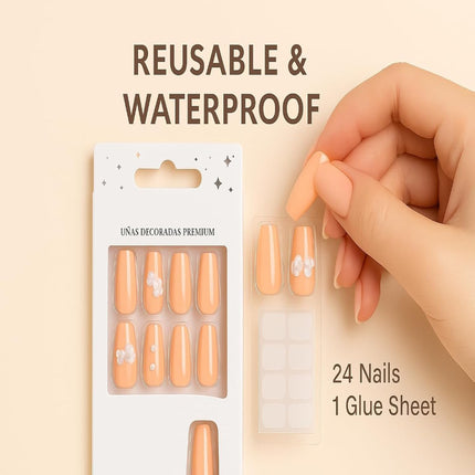 24 Reusable Glossy Nails set(PEACH WITH STONES) PS-1 (P5)