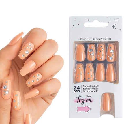 24 Reusable Artificial Fake Nail Set Glossy Nails-(PEACH WITH ROSES-P6)