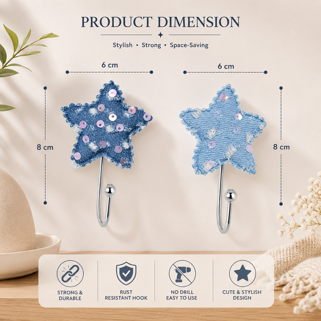 Cute Decorative Wall Hooks Pack of 2 (Star)