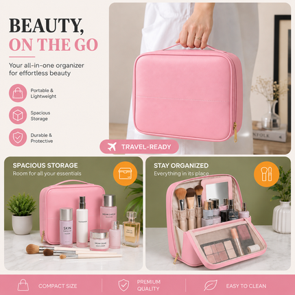 Travel Makeup Organizer Bag with Mirror(Pink)