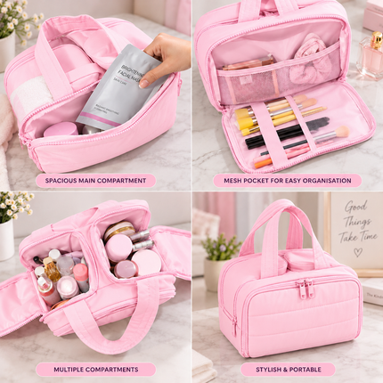 Premium Quilted 2-Side Opening Makeup & Travel Organizer Bag(Pink)