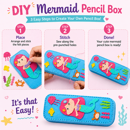 DIY Felt Pencil Case Sewing Kit for Kids with Zipper (Mermaid)