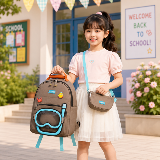 Kids School Backpack with Matching Sling Bag A (Brown)