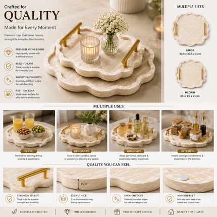 Stone Serving Tray Set of 2 with Gold Handles
