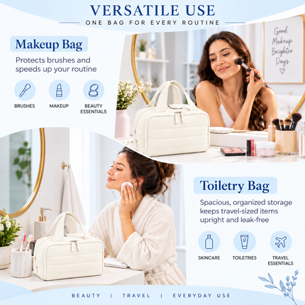 Premium Quilted 2-Side Opening Makeup & Travel Organizer Bag(Off white)