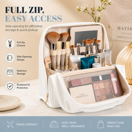 Travel Makeup Organizer Bag with Mirror(White)