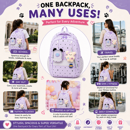 Coslifestore Cute Polka Dot Backpack for Girls, Teens & Women (Lavender)