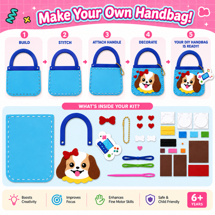 DIY Handbag Making Kit for Girls with 3D Stickers & Charms(Blue)