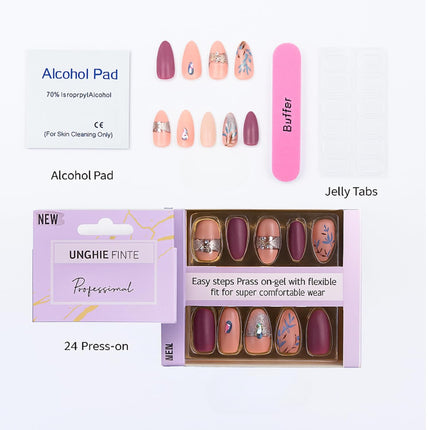 Pack of 24 Almond shape Press On Nails(lilac Pink, Peach floral design with stones) (B5)