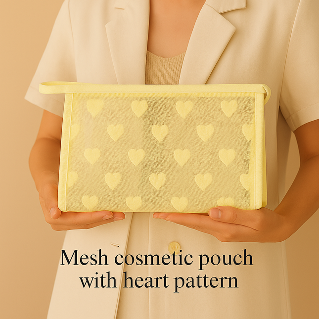 Mesh Cosmetic Pouch with Heart Design(yellow)