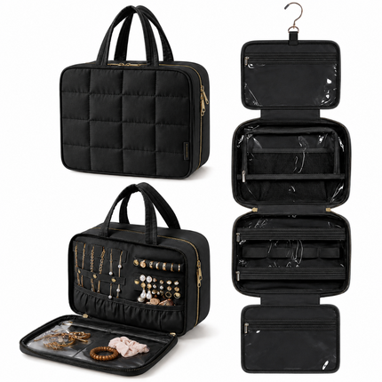 Foldable Travel Jewelry Organizer with Multiple Zip Pockets(Black)