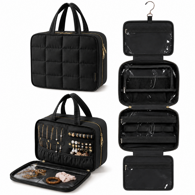 Foldable Travel Jewelry Organizer with Multiple Zip Pockets(Black)