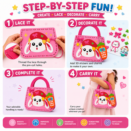 DIY Handbag Making Kit for Girls with 3D Stickers & Charms(Pink)