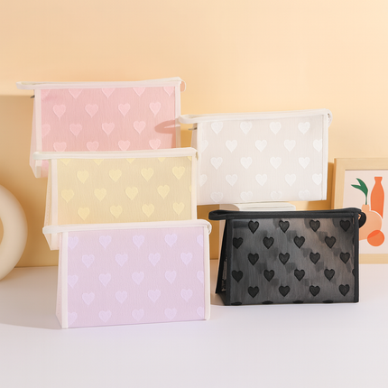 Mesh Cosmetic Pouch with Heart Design (Black)