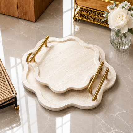 Stone Serving Tray Set of 2 with Gold Handles